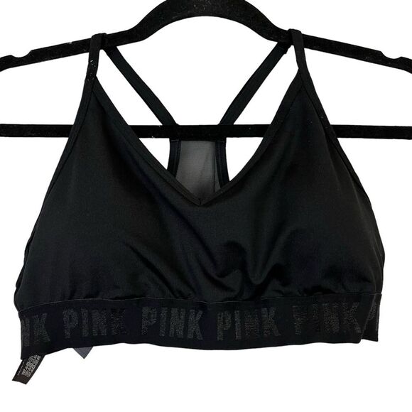 PINK SPORT Victoria's Secret Solid Black Mesh Racerback Sports Bra Workout Top M - Picture 2 of 15